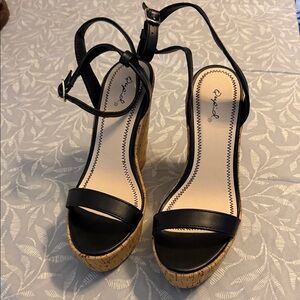 Qupid Black Cork Platform Ankle-Strap Wedges